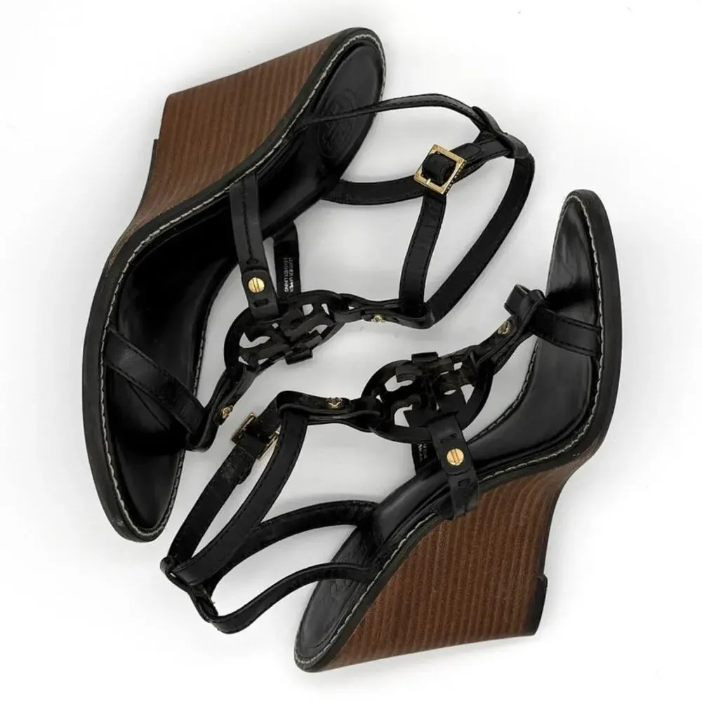 Tory Burch Leather Wedge Sandals Black Cutout Gold Studs Size 8M Summer Resort